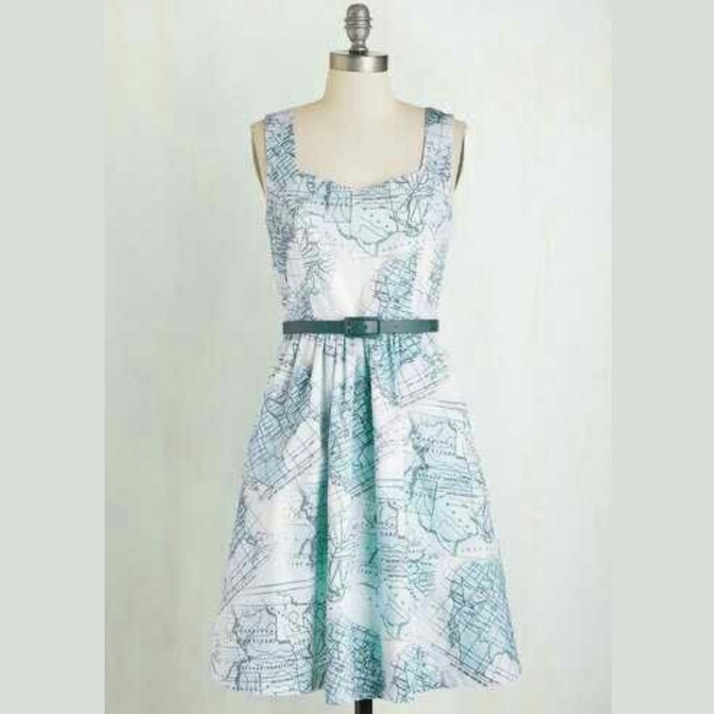 Modcloth Blue and White Map Print Midi Dress